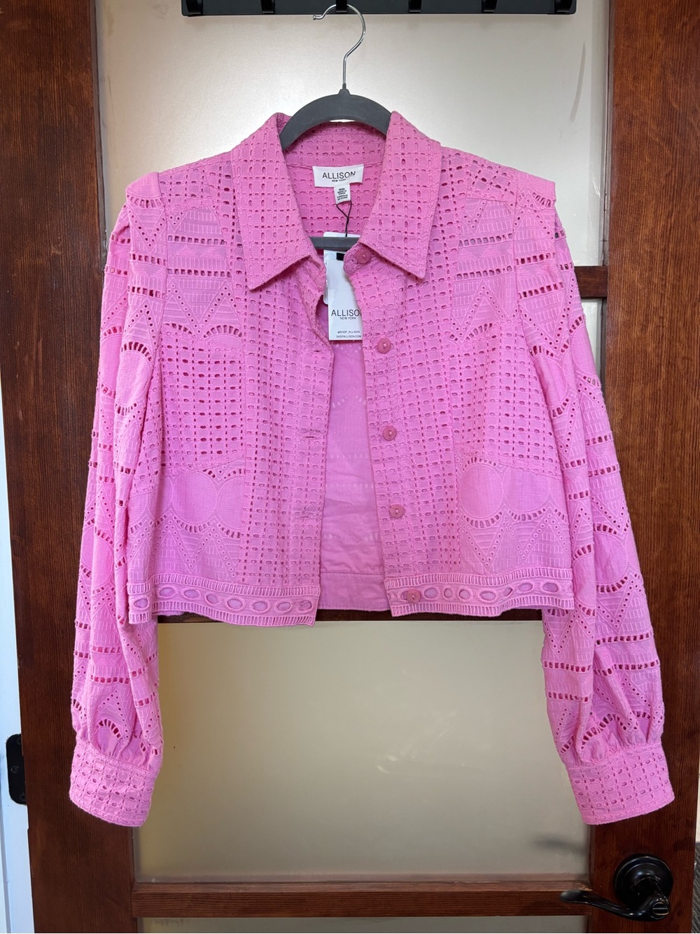 Allison Women’s pink eyelet crochet jacket